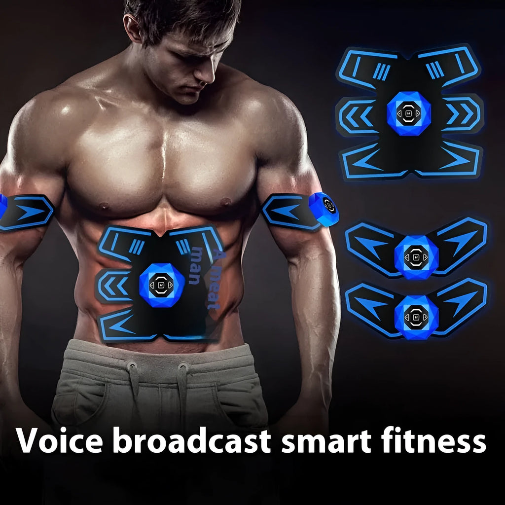 Eight-piece abdominal muscle waist reduction body sculpting massage patch set showing PU leather and silicone construction