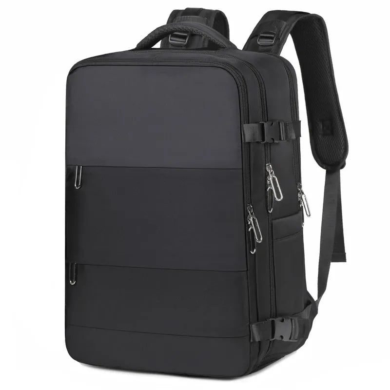 Large purple travel backpack for women with multiple compartments on a grey background.