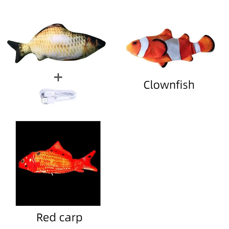 Multicolor USB rechargeable electric jumping fish cat toy measuring 30cm long