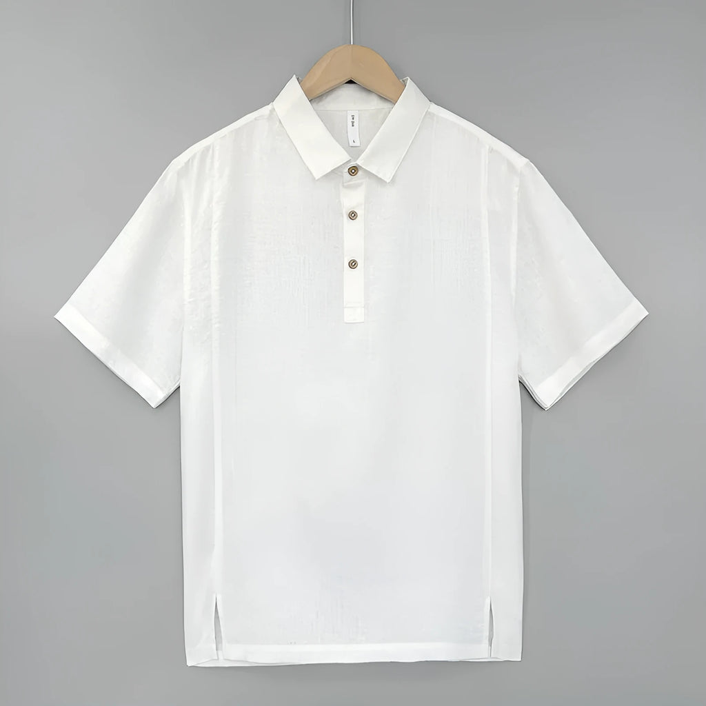 Men's loose-fit linen short-sleeved top in grey green on a hanger