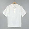 Men's loose-fit linen short-sleeved top in grey green on a hanger