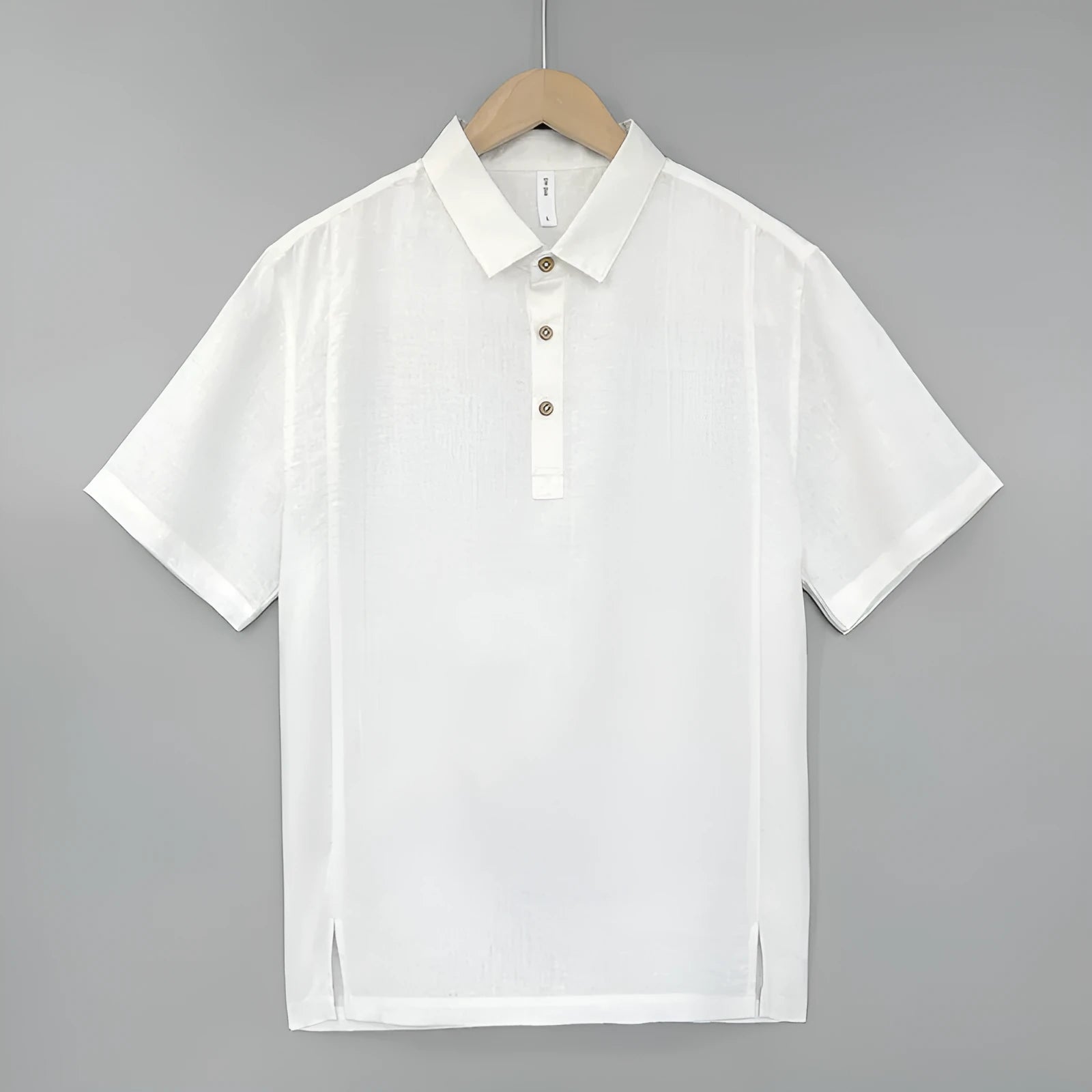Men's loose-fit linen short-sleeved top in grey green on a hanger