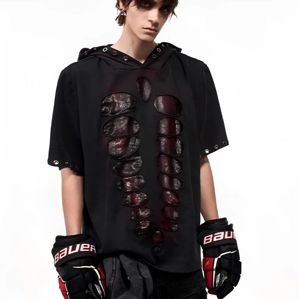 Black hooded men's T-shirt with sequin decoration and short sleeves in loose fit