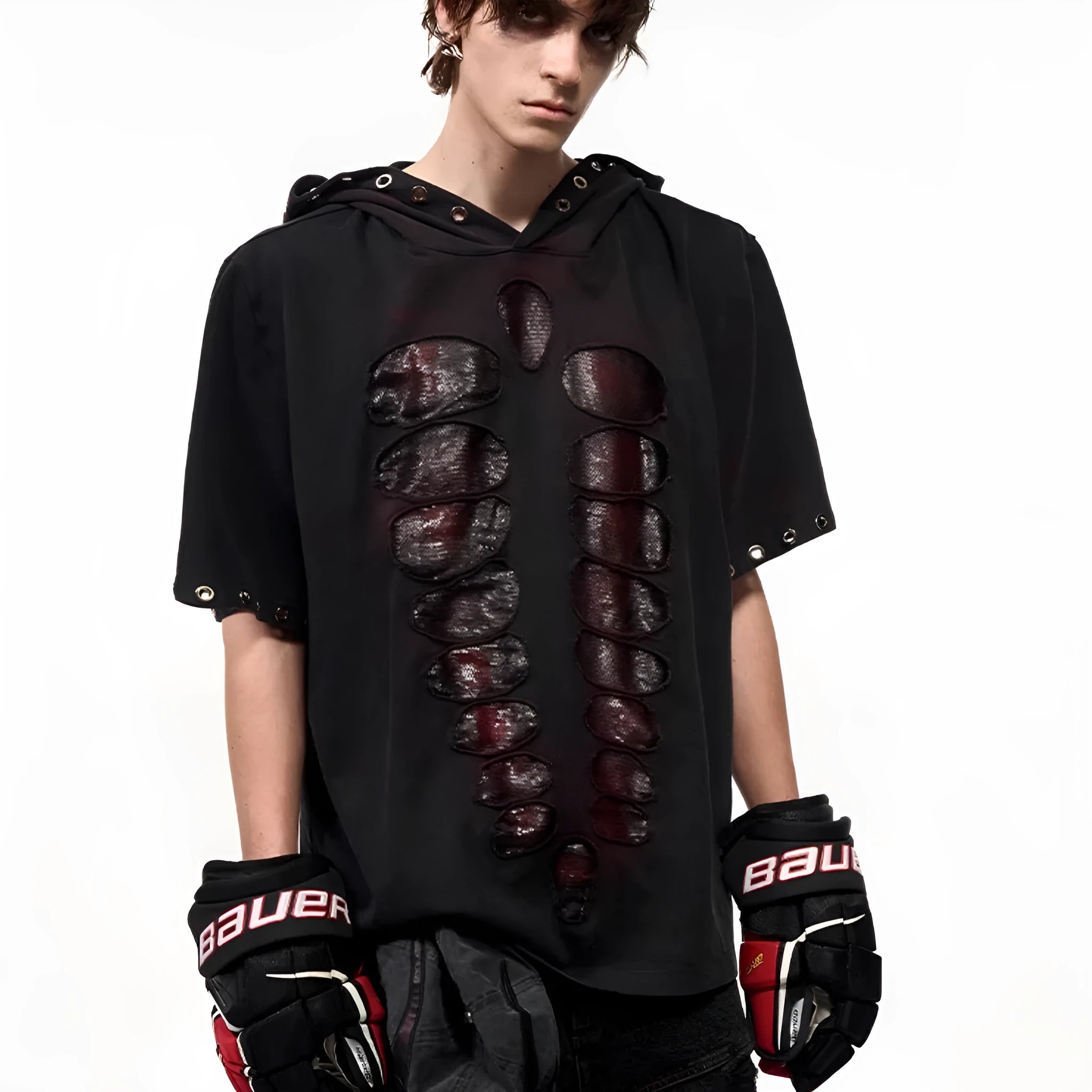 Black hooded men's T-shirt with sequin decoration and short sleeves in loose fit