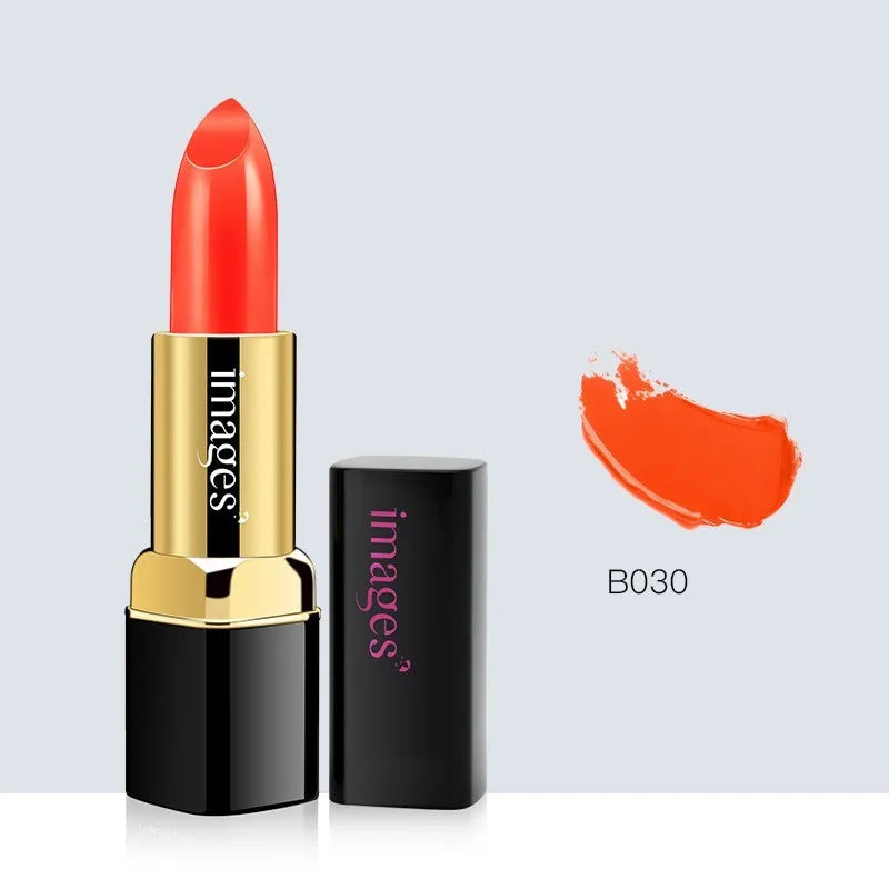 Lipstick lip gloss tube showing colour range including coral red, classic red, and babie pink shades