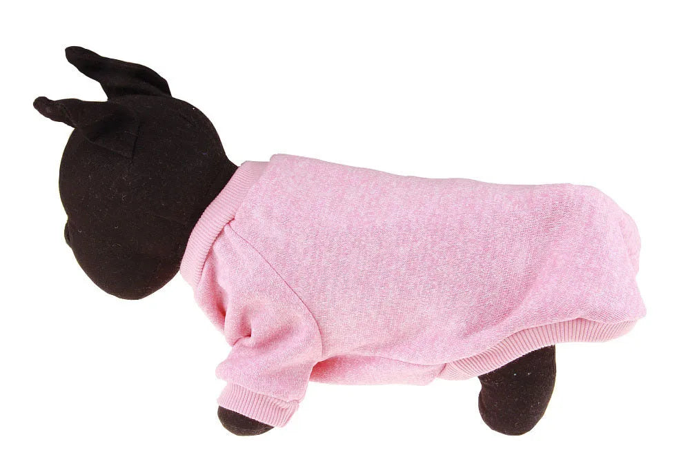 Colorful cotton two-legged pet sweater for small dogs, with neck and chest measurements, available in multiple sizes