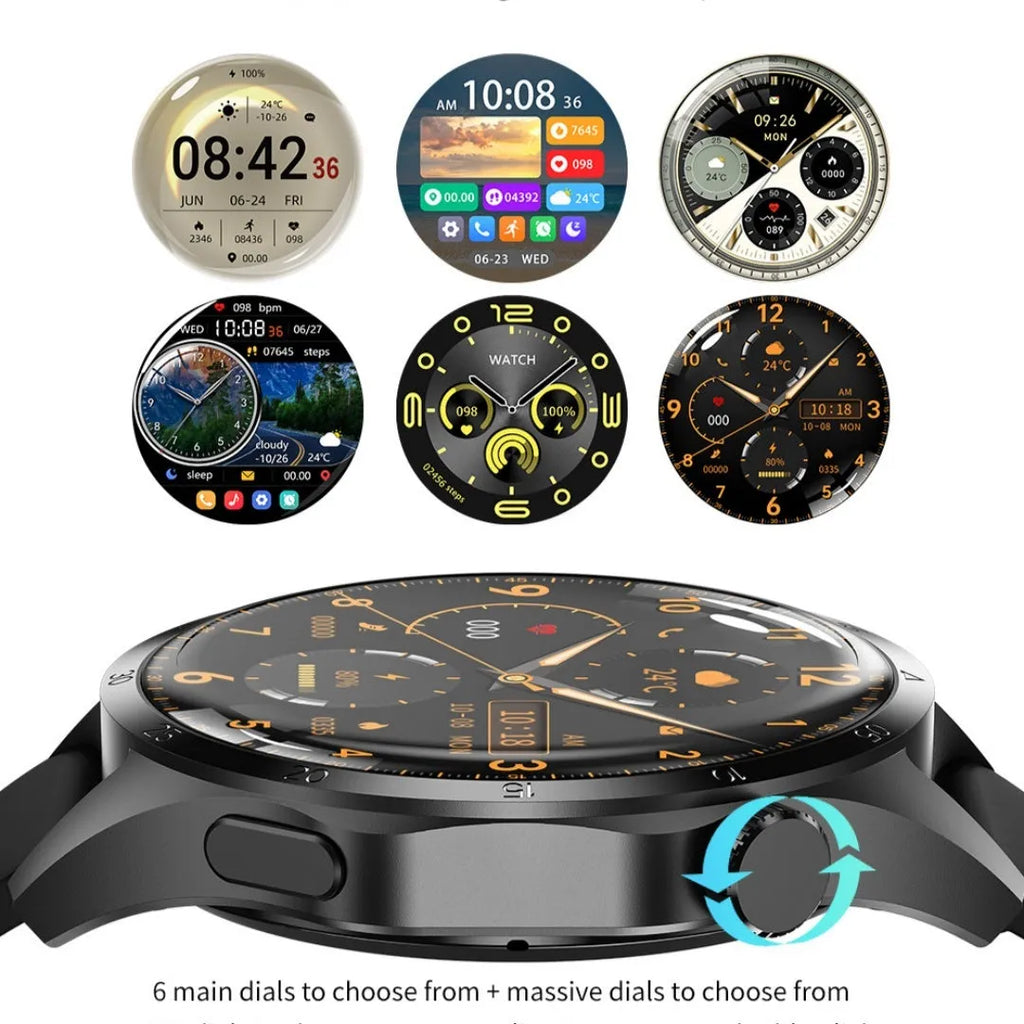 Black smartwatch with Bluetooth calling on a silicone strap, displaying health metrics on its TFT touch screen.