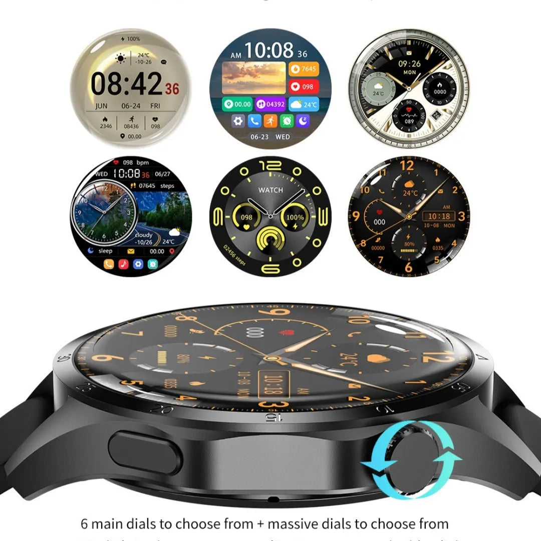 Black smartwatch with Bluetooth calling on a silicone strap, displaying health metrics on its TFT touch screen.