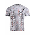 Men's white cotton t-shirt with hollow-out cut design, short sleeves, and tight fit on Asian sizing mannequin