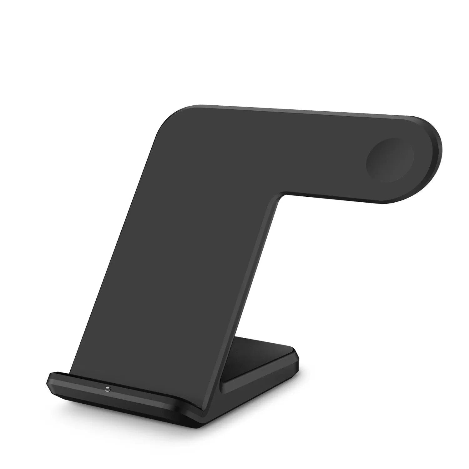 Black wireless phone charging stand with adjustable angle and integrated USB-C cable on a desk