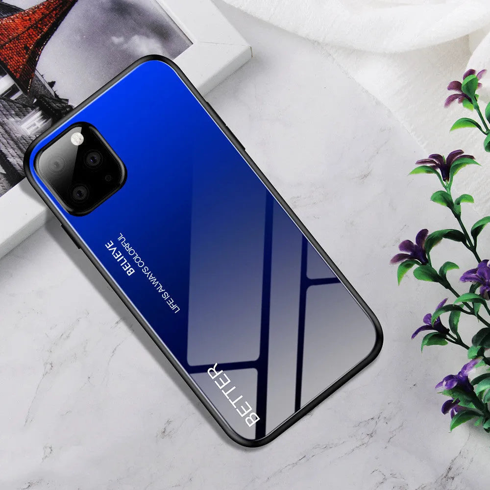 Gradient glass phone case with TPU frame, 1.5mm slim, showing black-blue colour on iPhone X