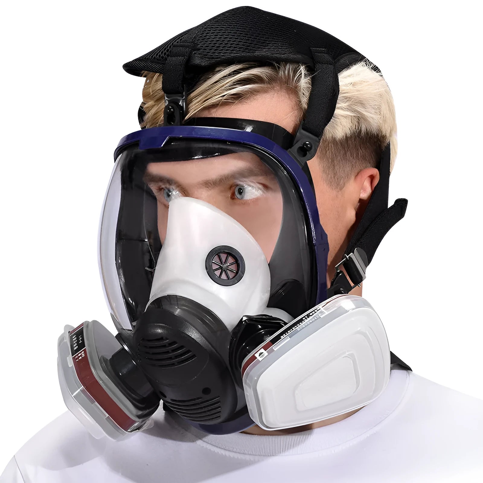Spherical silicone gas mask with trapezoidal canister and blue edge detailing