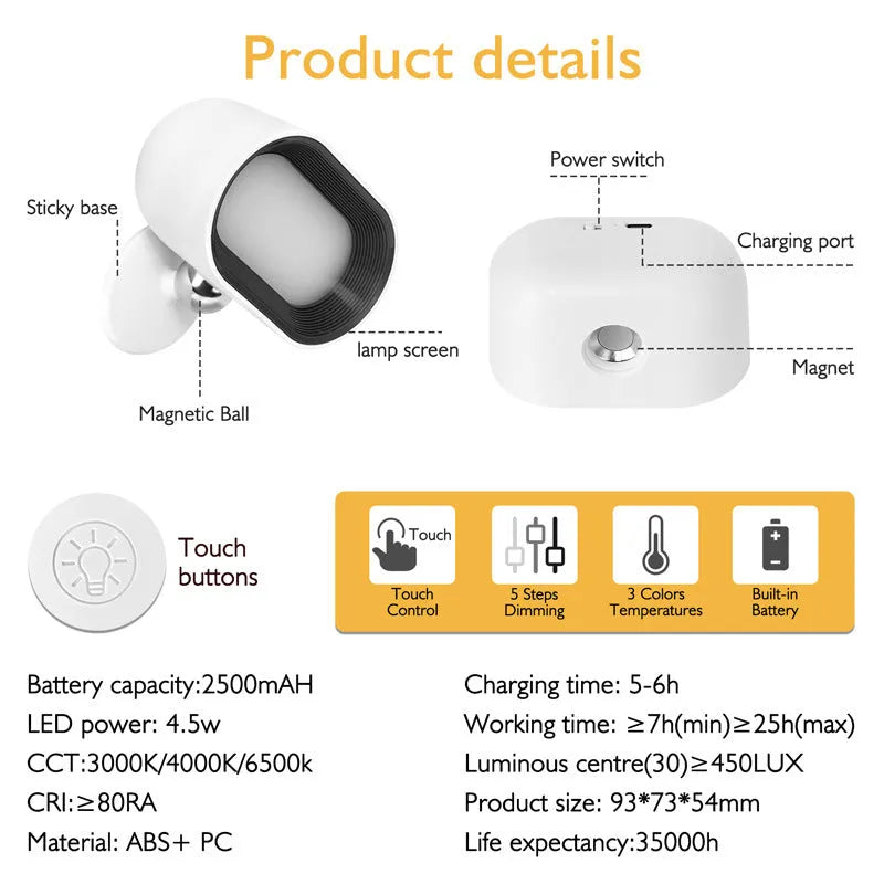 Oval white remote touch magnetic wall lamp on a wall with colour changing lights.