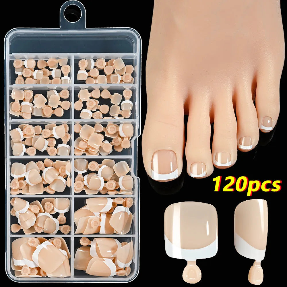 Open box showing 120 French white tip nude square false toe nails in assorted shades.