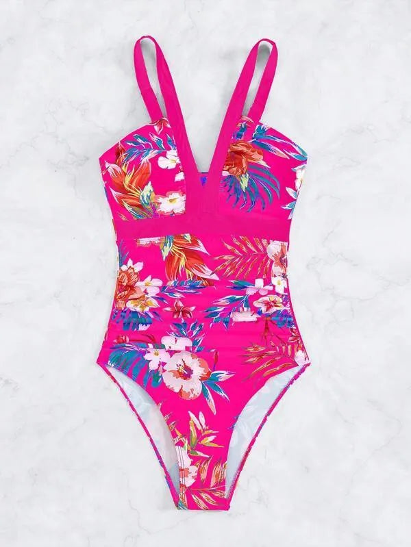 Women's floral pattern one-piece swimsuit with backless design in multiple colour options