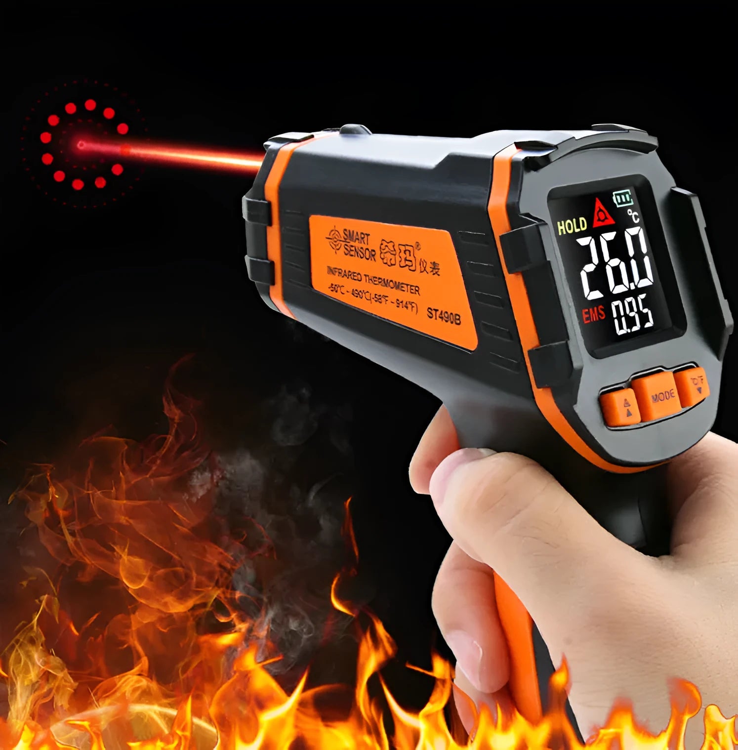 ST390A handheld infrared thermometer with laser pointer for non-contact temperature measurement.