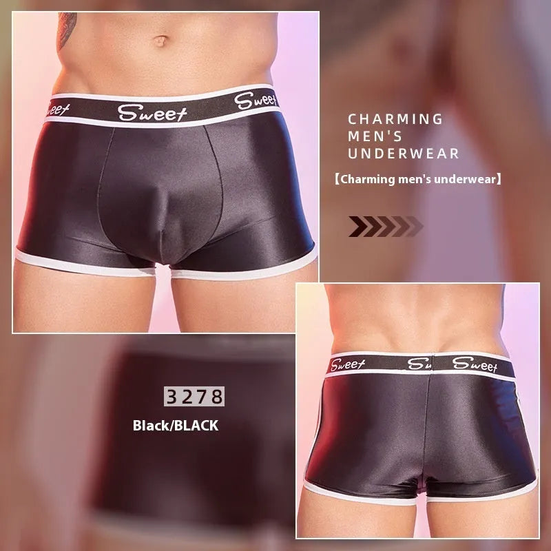 Men's shiny silky nylon boxer shorts in black, white, and sapphire blue colours showing breathable construction