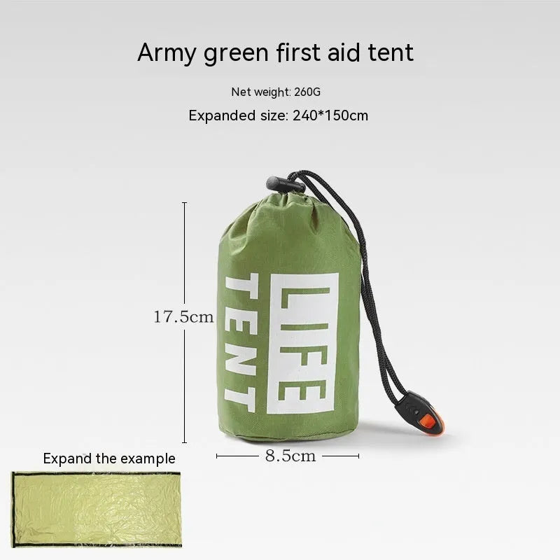 Orange emergency relief tent with sleeping bag and raincoat in temporary outdoor shelter setup