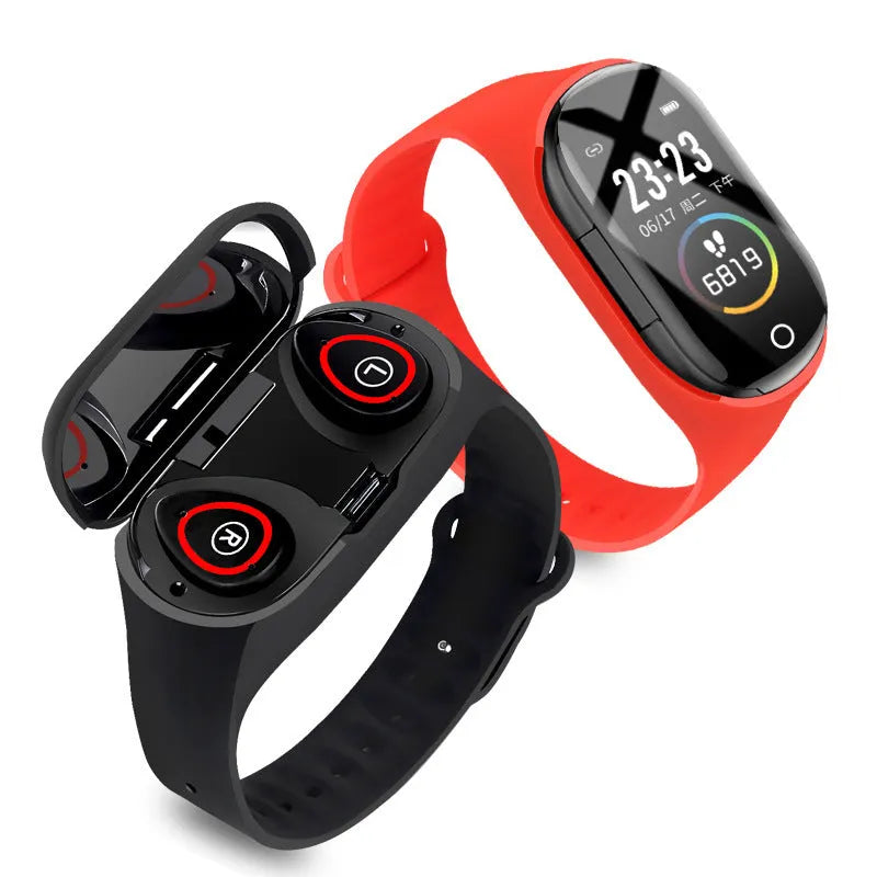 Smart bracelet earphone combination device with 1-inch screen on silicone wristband in black colour