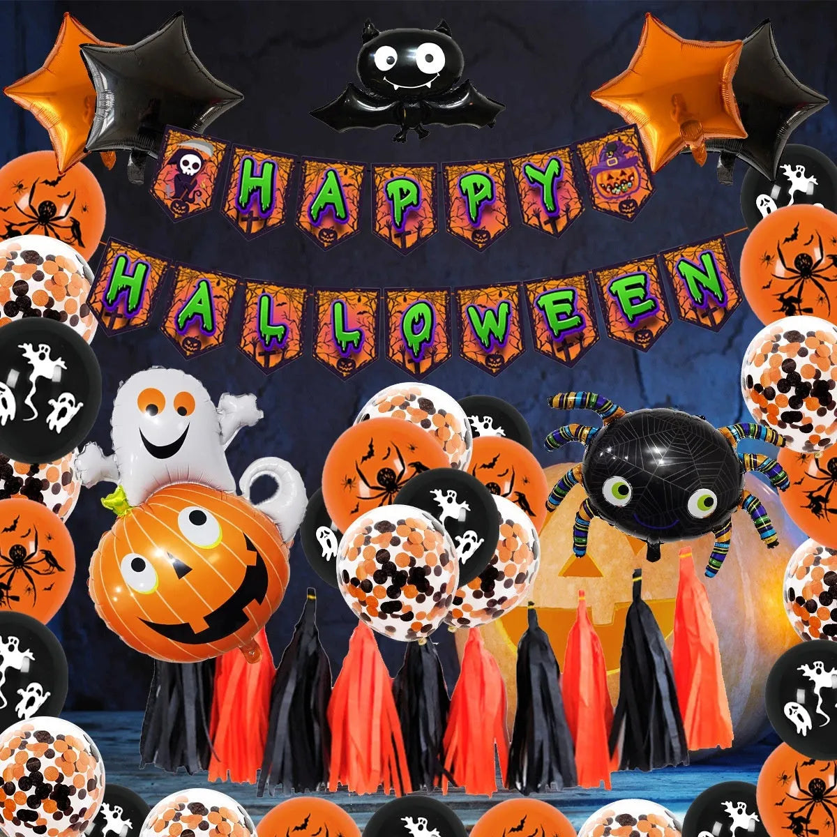 Halloween balloon decoration set with skull and pumpkin designs for spider arch display