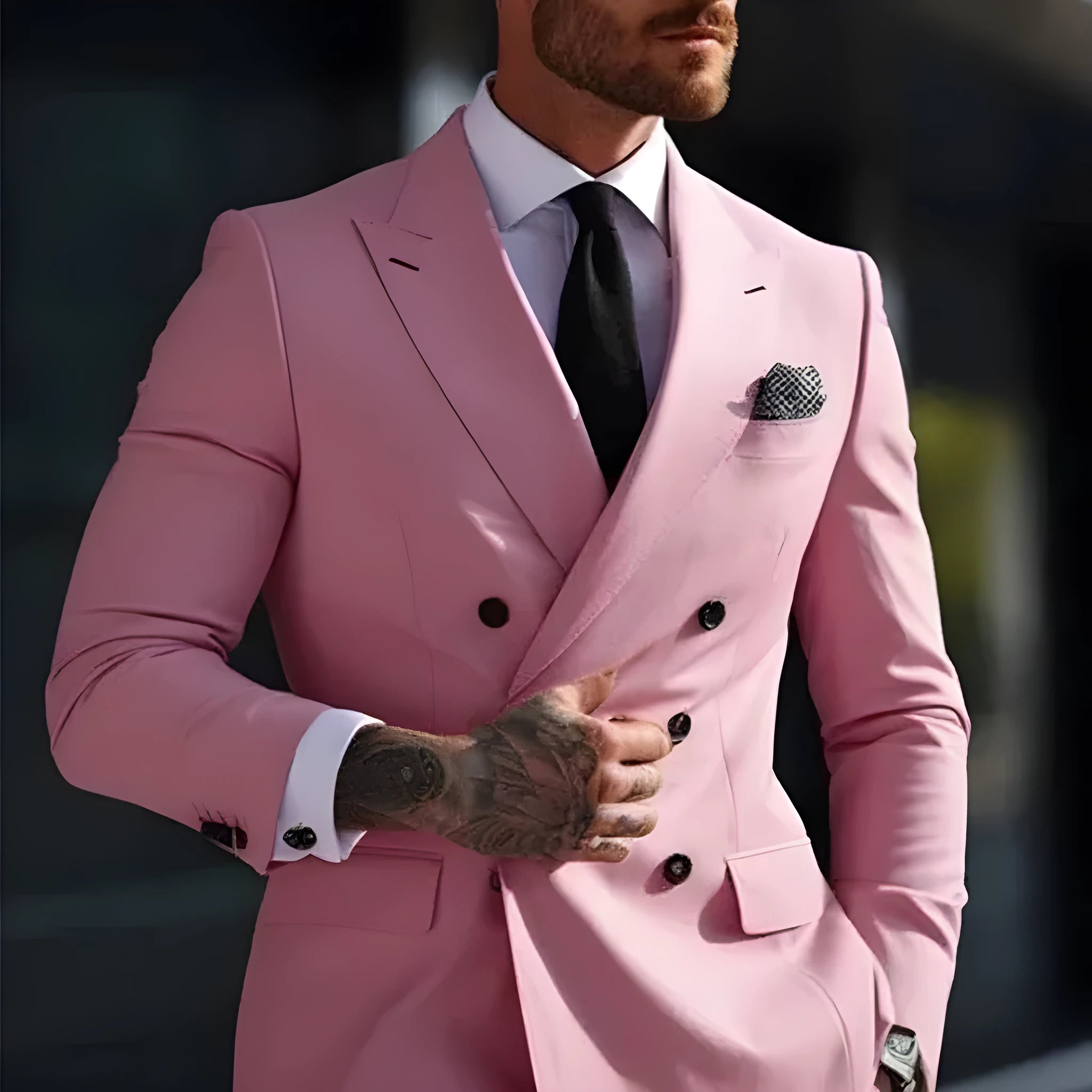 Men's grey Korean-style slim fit two-piece suit jacket and trousers on a hanger.