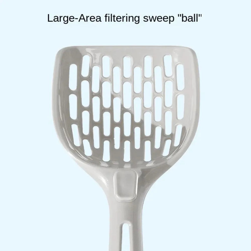 Grey plastic cat litter scoop with self-cleaning base and attached storage bin.
