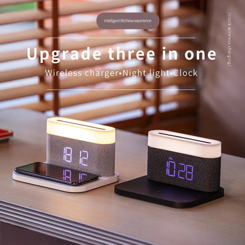 Black and white minimalist wireless charging station with digital clock, night light, and thermal cup.