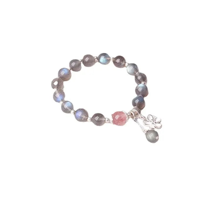 Women's 925 silver bracelet with grey moonlight and strawberry crystal beads measuring 7.5mm with honeysuckle design
