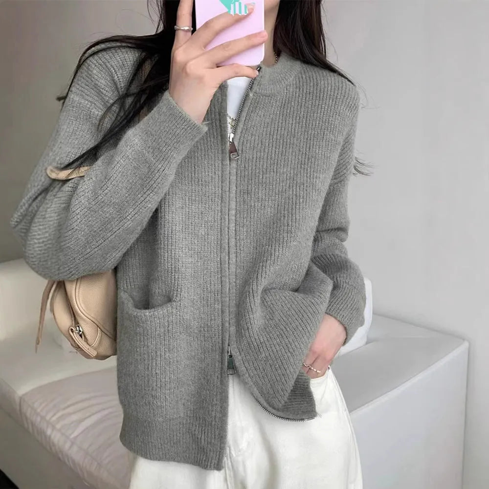 Soft viscose knit sweater coat cardigan in beige colour with long sleeves