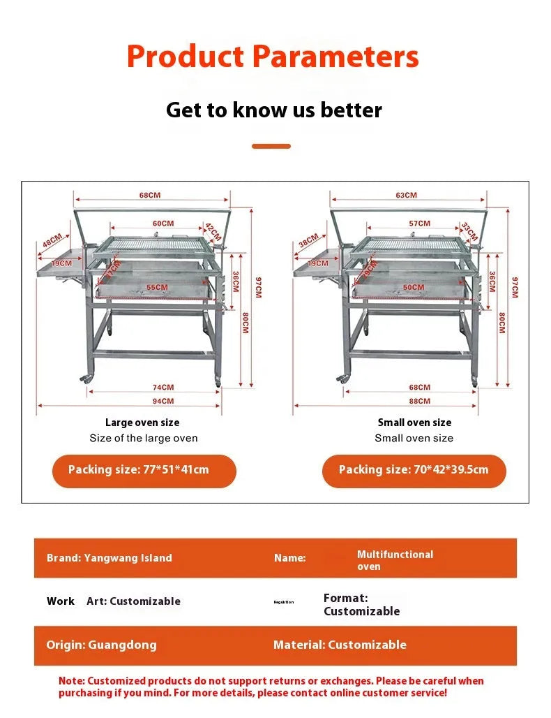 Large foldable portable charcoal grill oven set up in a garden