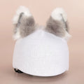 Cute plush cartoon animal character hat designed to decorate a standard ski helmet.