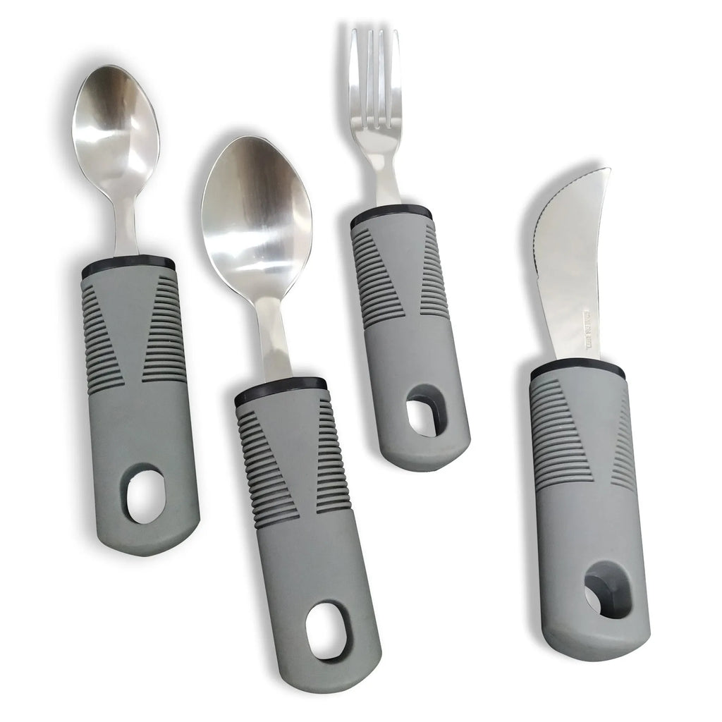 Adaptive cutlery set with stainless steel utensils and rubber grip handles for hand tremor assistance