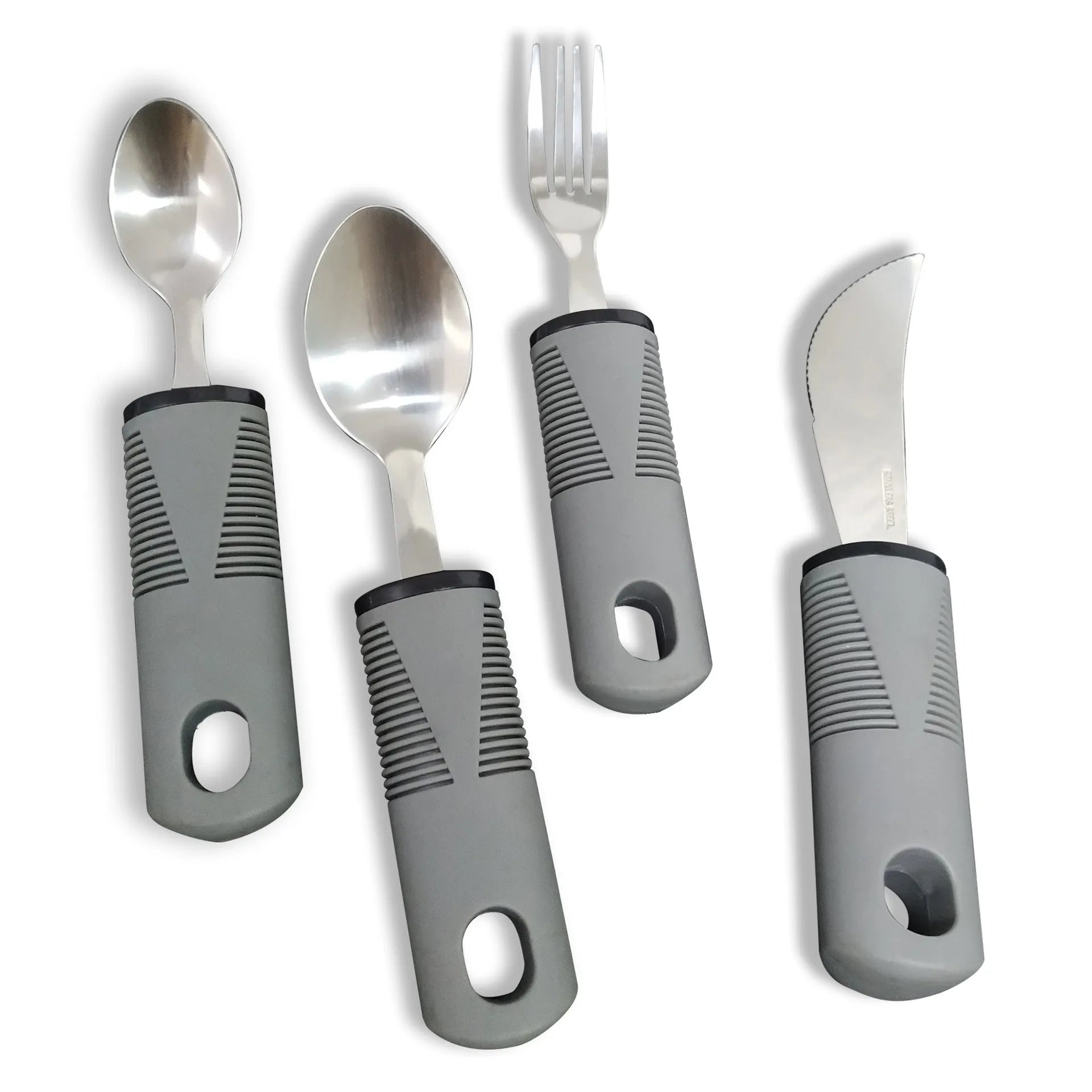 Adaptive cutlery set with stainless steel utensils and rubber grip handles for hand tremor assistance