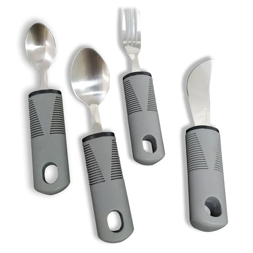 Adaptive cutlery set with stainless steel utensils and rubber grip handles for hand tremor assistance