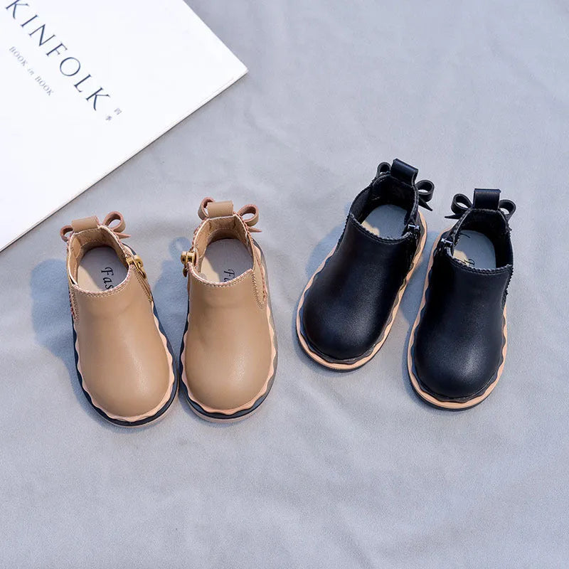 Girls Bowknot Smoke Tube Martin Boots in black with side zipper and bowknot detail