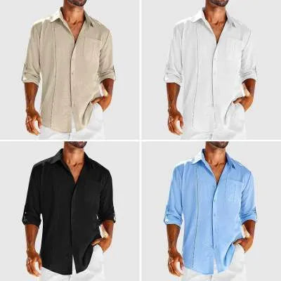 Men's grey long sleeve casual shirt with lace detail on polo collar and a chest pocket.