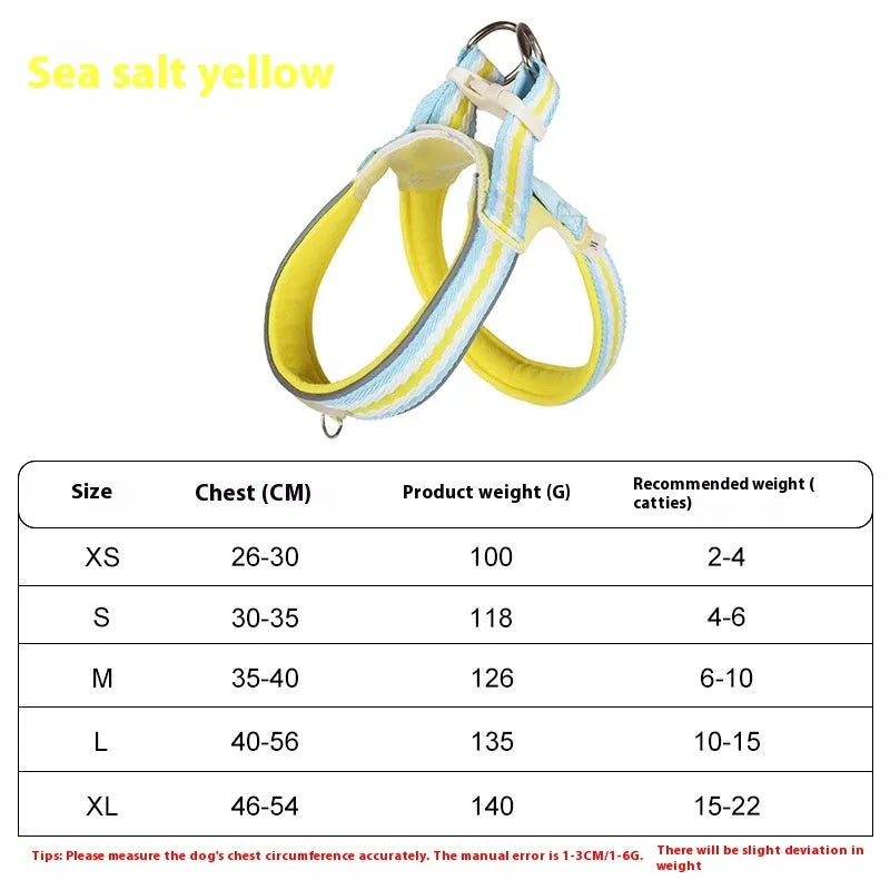 Lightweight polyester dog harness and hand-holding traction rope in sea salt yellow colour on a small dog.