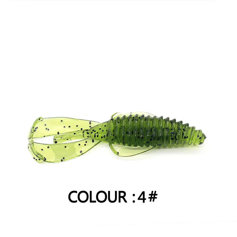8cm PVC fishing soft bait lure in multiple colour variations against fishing tackle background