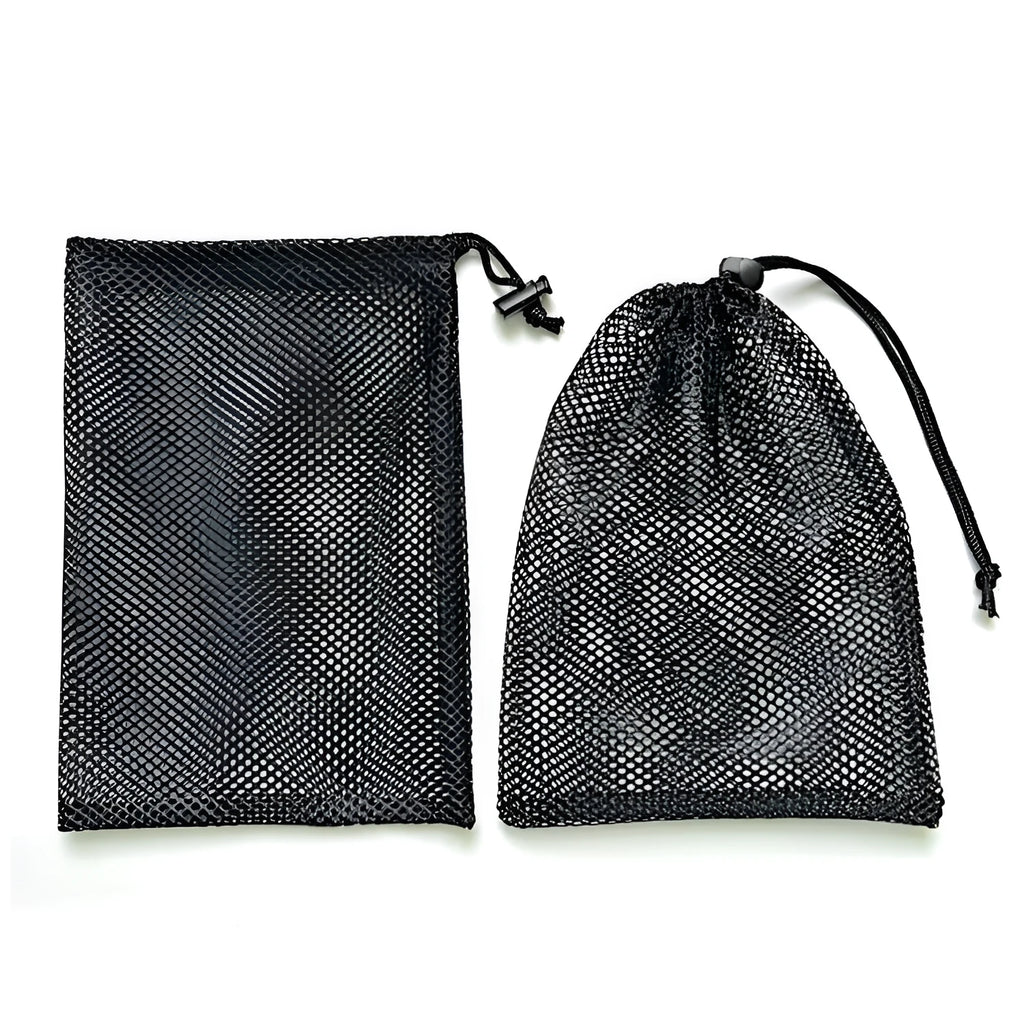 Black mesh drawstring storage bag with open bottom for toy organisation