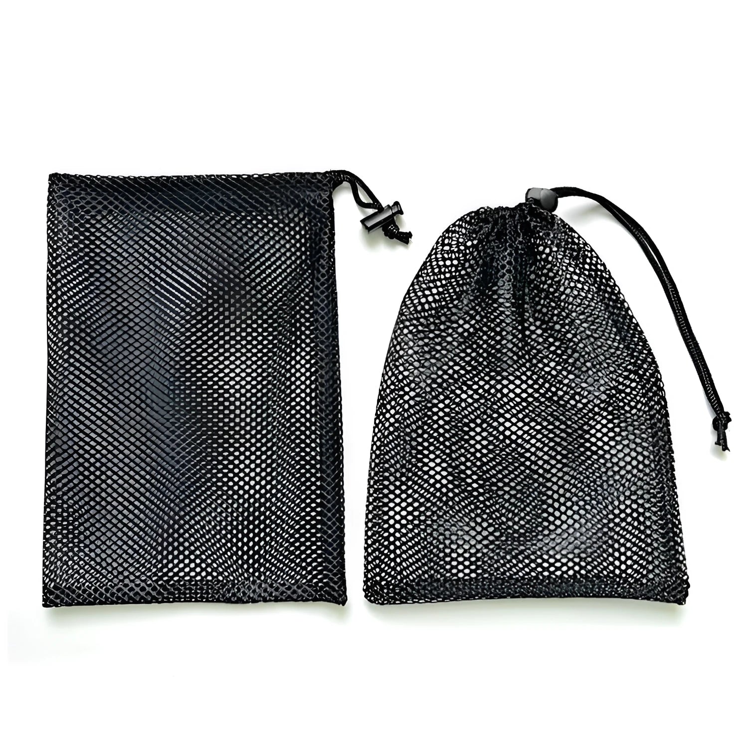 Black mesh drawstring storage bag with open bottom for toy organisation
