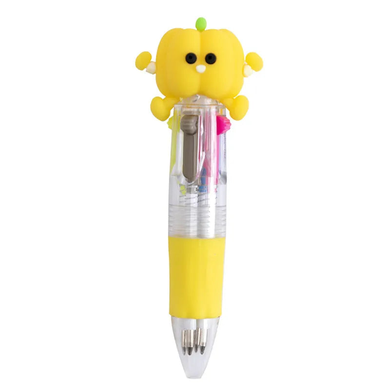Cartoon print press ballpoint pen showing four-colour design options including cactus, fast food, and heart wings.