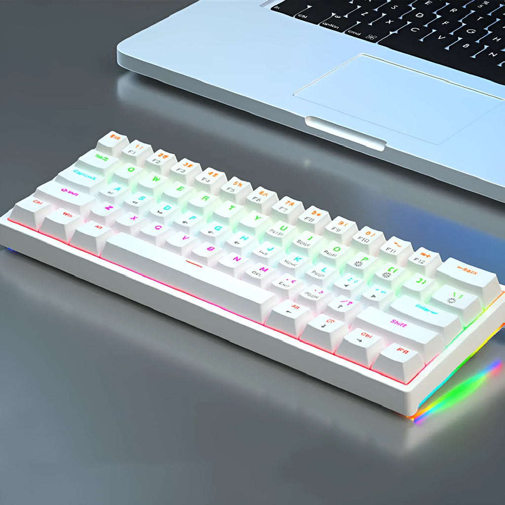 Bluish-black 61-key mechanical keyboard with wired USB cable on desktop