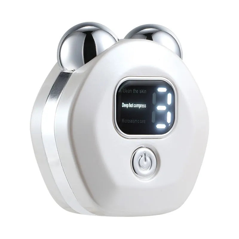 Portable white microcurrent facial massager with dual roller heads and hot compress function.