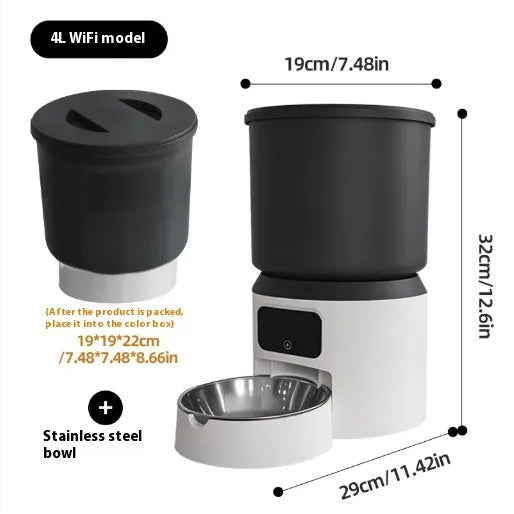 White 4-litre smart pet feeder with LCD screen, featuring a stainless steel bowl on a grey placemat.