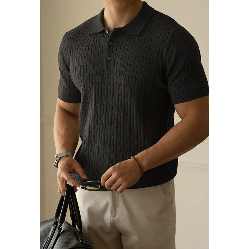 Men's khaki short sleeve casual top for business wear on a grey background