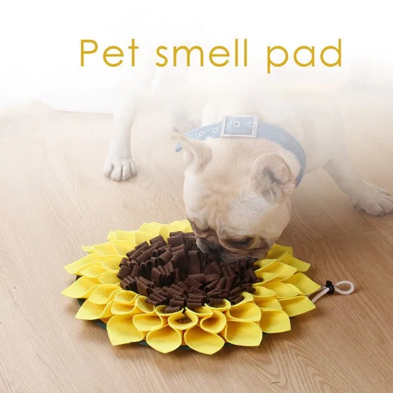 Yellow sunflower-patterned dog snuffle mat for slow feeding and nosework training