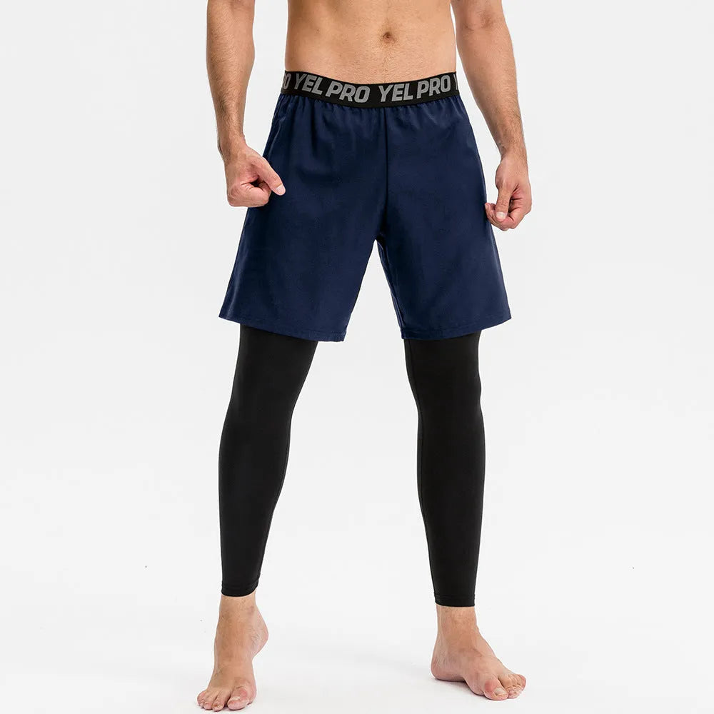 Man wearing grey high elastic tight pants for fitness training.