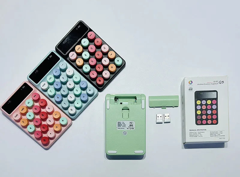 Mini portable wireless digital keyboard in macaron colour options on white background