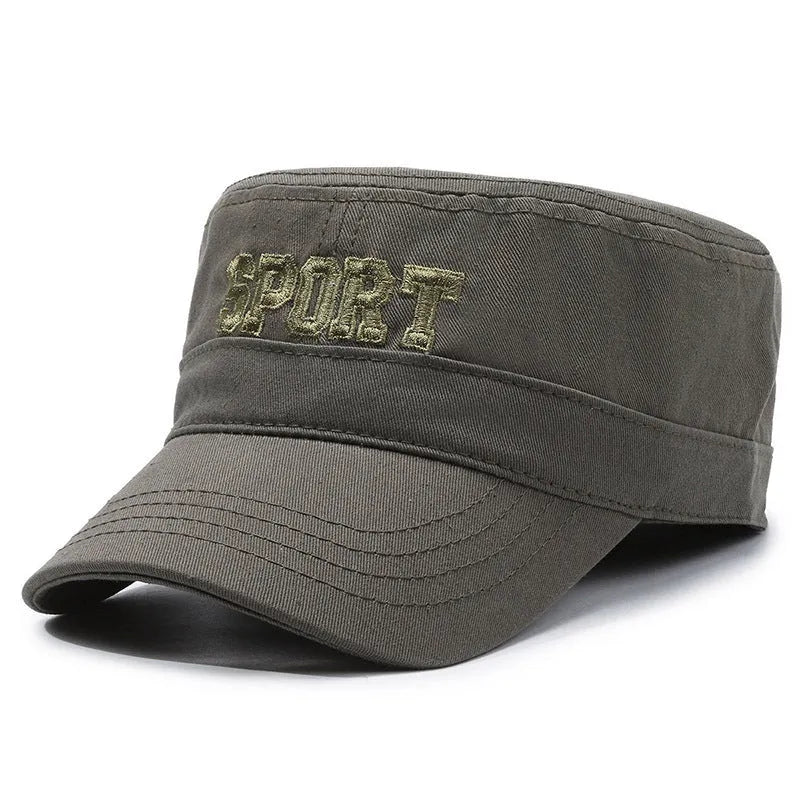 Men's flat-top cotton peaked cap with adjustable strap in army green colour