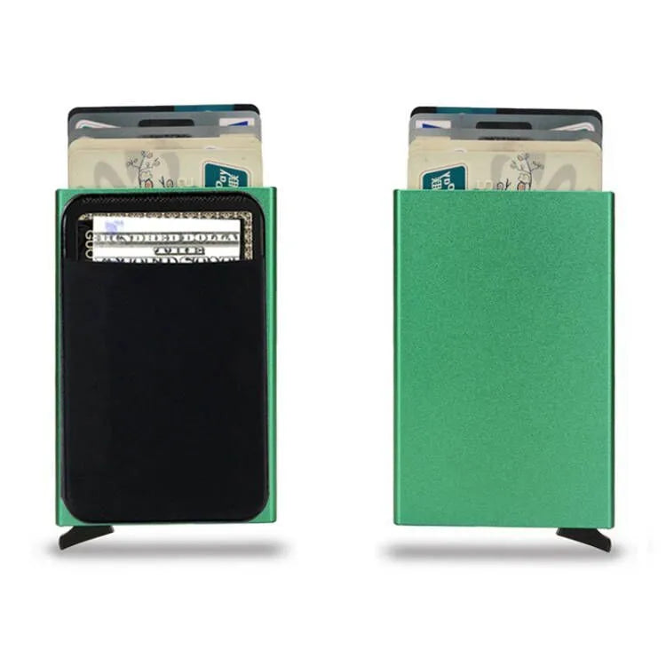 Frosted aluminium metal credit card holder in multiple solid colours showing slim profile